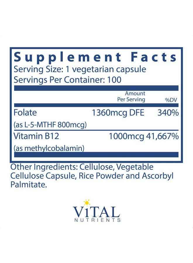 Vital Nutrients Vitamin B12 / Methyl Folate Supports Healthy Brain Cell Function 100 Vegetarian Capsules Per Bottle - Image 3