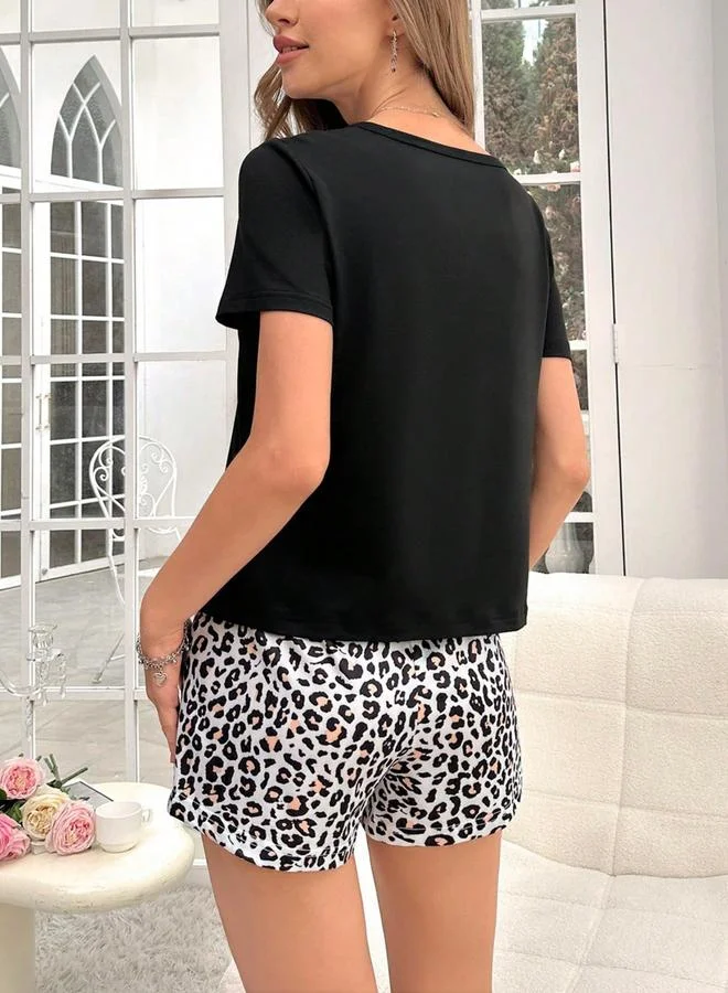 Take Two Black Round Neck T-Shirt and Leopard Print Shorts Set