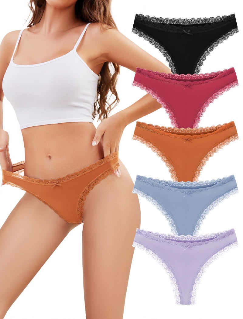 voenxe Seamless Thong for Women,No Show Lace Underwear,Ladies Breathable Comfort Panties Soft Gym Sport Undies,Tanga,5-Pack Assorted - Image 1