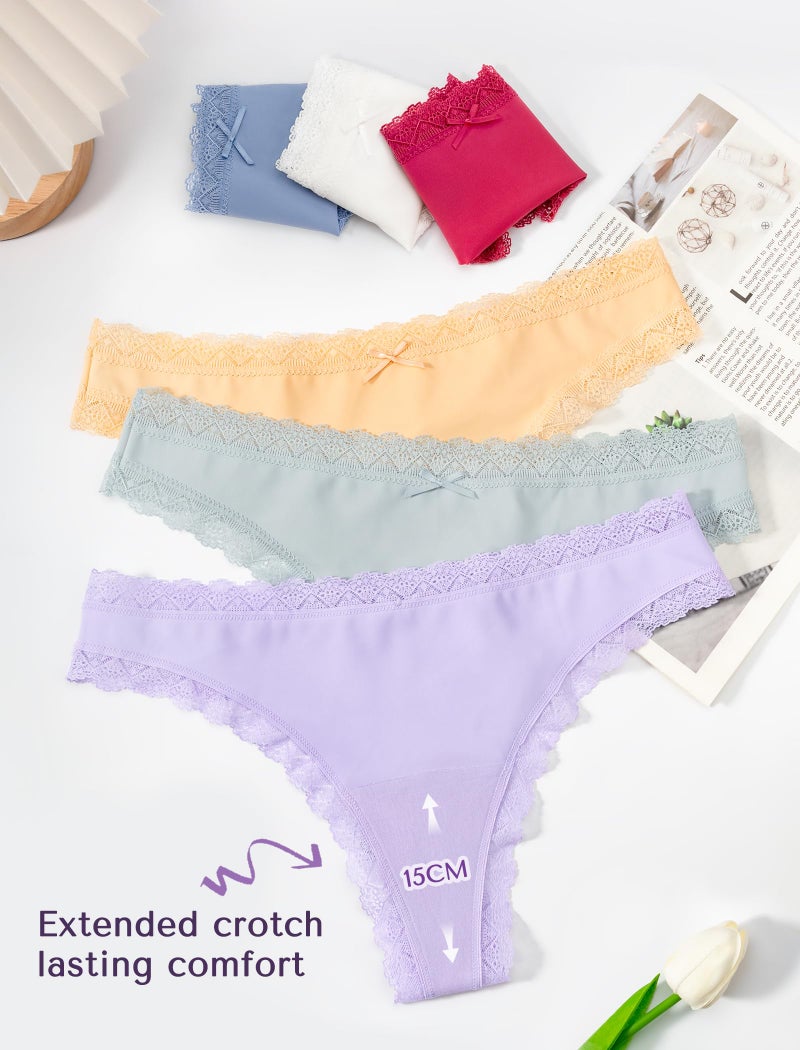 voenxe Seamless Thong for Women,No Show Lace Underwear,Ladies Breathable Comfort Panties Soft Gym Sport Undies,Tanga,5-Pack Assorted - Image 5