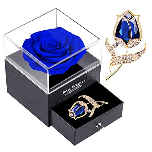 SWEETIME Preserved Rose Gift Enchanted Real Blue Rose with Sapphire Brooch, Eternal Flower Rose, Handmade Rose in Box with Pin, Forever Blue Rose Gift for her on Mother's Day, Birthday. - Image 1