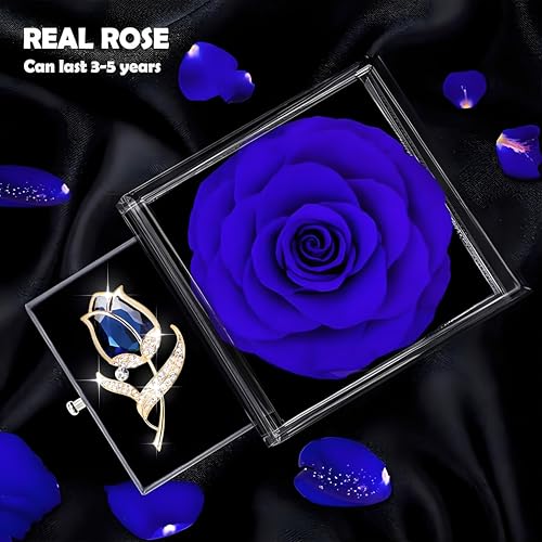 SWEETIME Preserved Rose Gift Enchanted Real Blue Rose with Sapphire Brooch, Eternal Flower Rose, Handmade Rose in Box with Pin, Forever Blue Rose Gift for her on Mother's Day, Birthday. - Image 4