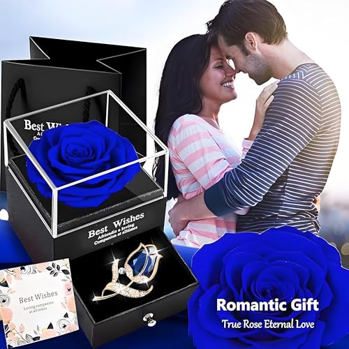 SWEETIME Preserved Rose Gift Enchanted Real Blue Rose with Sapphire Brooch, Eternal Flower Rose, Handmade Rose in Box with Pin, Forever Blue Rose Gift for her on Mother's Day, Birthday. - Image 2