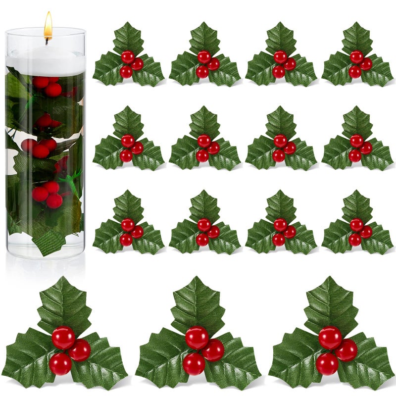 Canlierr 50 Pieces Christmas Holly Berries for Crafts Faux Berries Flowers and Holly Leaves Christmas Wreath Fillers for Vase Fillers Floating Candle Table CenterpieceRed