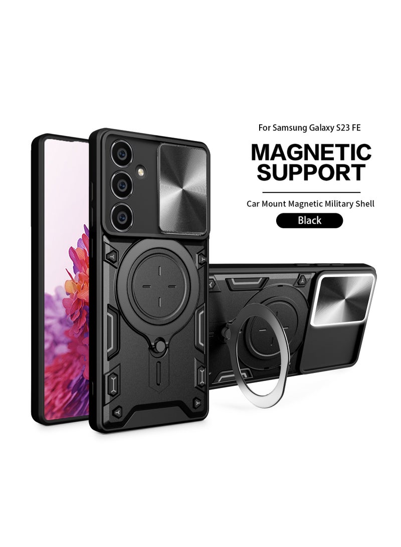 Samsung Galaxy S23 FE 5G Black Mobile Phone Case Cover, Slide Camera Lens Cover, 360°Rotating Kickstand Ring, Bumper Shockproof Phone Case，Compatible with Car Magnetic Mount - Image 1