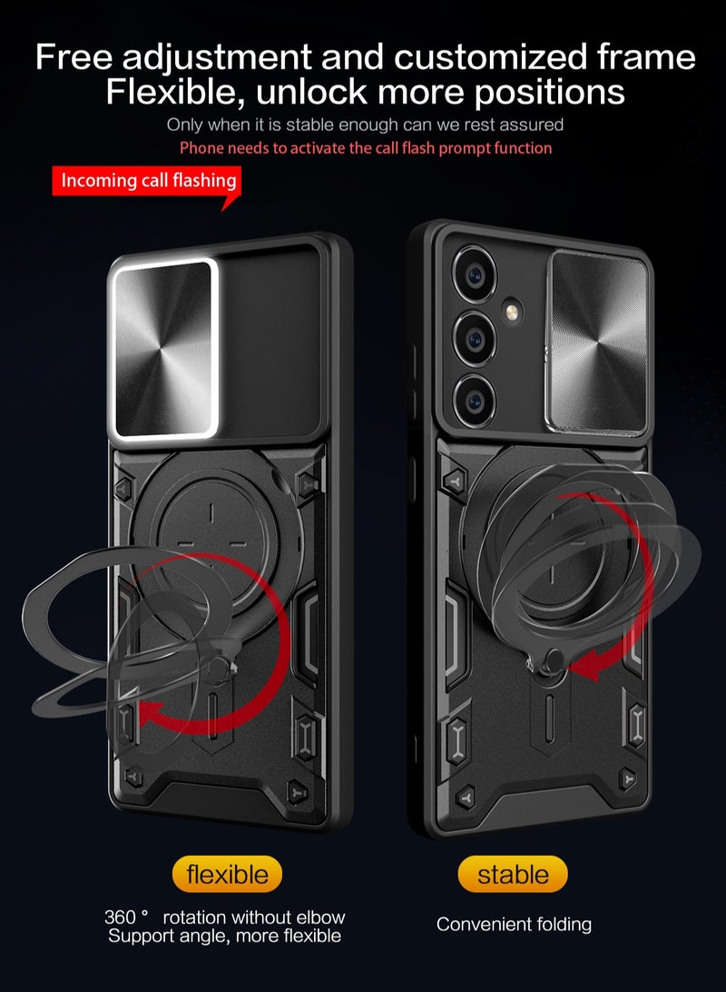 Samsung Galaxy S23 FE 5G Black Mobile Phone Case Cover, Slide Camera Lens Cover, 360°Rotating Kickstand Ring, Bumper Shockproof Phone Case，Compatible with Car Magnetic Mount - Image 4