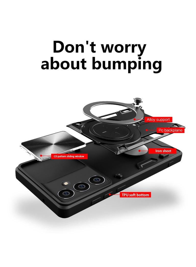 Samsung Galaxy S23 FE 5G Black Mobile Phone Case Cover, Slide Camera Lens Cover, 360°Rotating Kickstand Ring, Bumper Shockproof Phone Case，Compatible with Car Magnetic Mount - Image 2