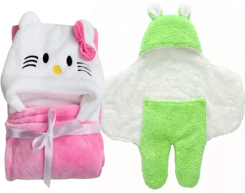 First Kick Baby Blankets New Born Combo Pack of Hooded Wrapper Durable Fleece Polyester Sleeping Bag and Baby Bath Towel for 06 Months Baby Boys and Baby Girls Pack of 2 Pink Green