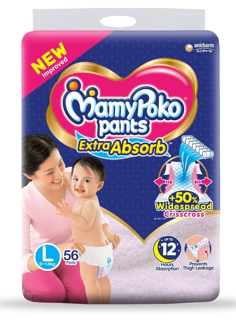 MamyPoko Pants Extra Absorb Diaper, Size L56, 9-14 Kg (56 Counts)