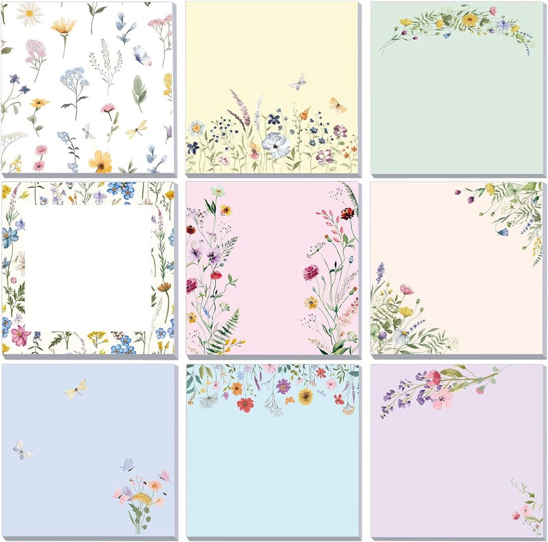 Saypacck 9 Pads Cute Sticky Notes Cartoon Self Stick Notepads 3x3 Inches Notes Adhesive Memo Pad Office Decor Gifts for Students School Teacher Office Meeting(Wildflower) - Image 1