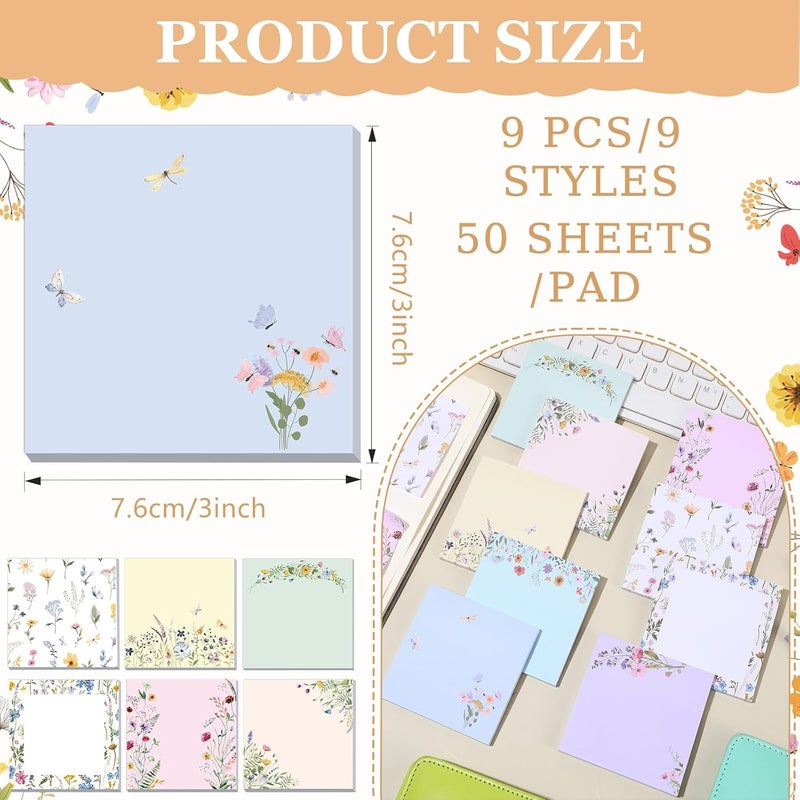 Saypacck 9 Pads Cute Sticky Notes Cartoon Self Stick Notepads 3x3 Inches Notes Adhesive Memo Pad Office Decor Gifts for Students School Teacher Office Meeting(Wildflower) - Image 2
