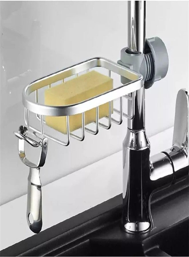 EVVIX Faucet Storage Rack, Sponge Holder Over Faucet, Adjustable Hanging Sponge Holder for Kitchen Sink, Hanging Drain Basket Holder Organizer Bathroom Accessory, Soap Holder for Sink Tap (Silver) - Image 1