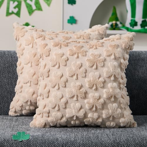 DFXSZ St Patricks Day Pillow Covers 18x18 inch Set of 2 St Patricks Day Decorations Beige Shamrock Soft Plush Faux Fur Jacquard Throw Pillows for Sofa Holiday Festivals Home Decor PTK021C18 - Image 1