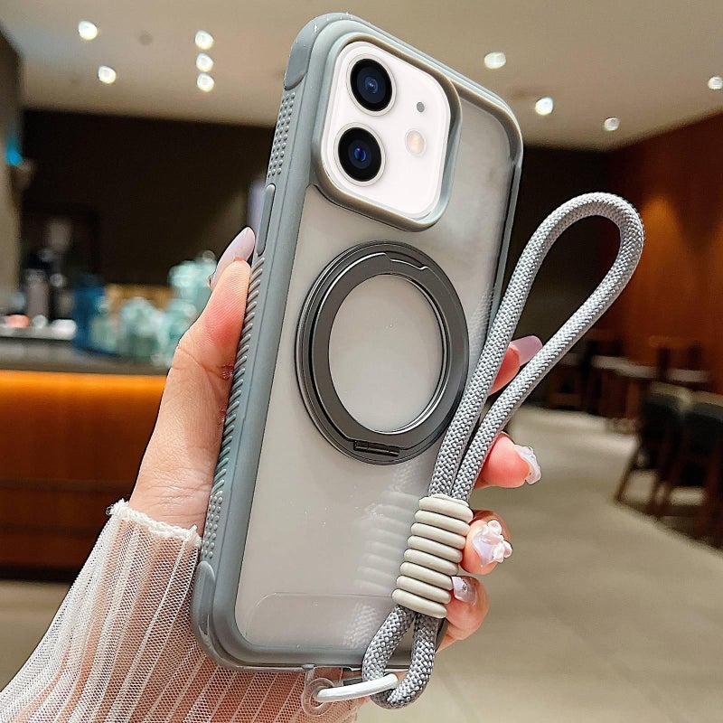 erorex For iPhone 12 / 12 Pro Solid Color Edge Transparency Rotation Holder MagSafe Phone Case with Wrist Strap(Grey) - Image 1
