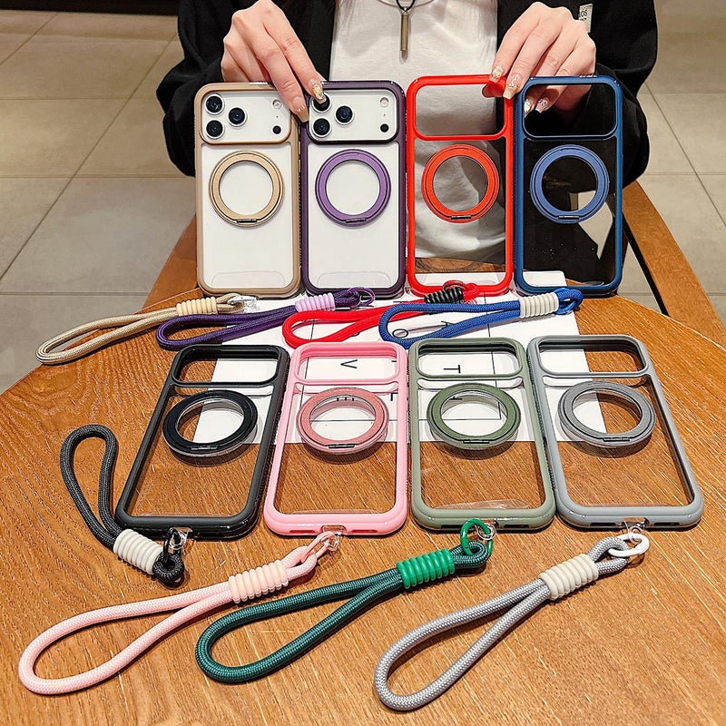 erorex For iPhone 12 / 12 Pro Solid Color Edge Transparency Rotation Holder MagSafe Phone Case with Wrist Strap(Grey) - Image 2