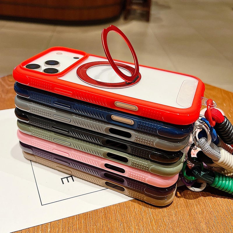 erorex For iPhone 12 / 12 Pro Solid Color Edge Transparency Rotation Holder MagSafe Phone Case with Wrist Strap(Grey) - Image 4