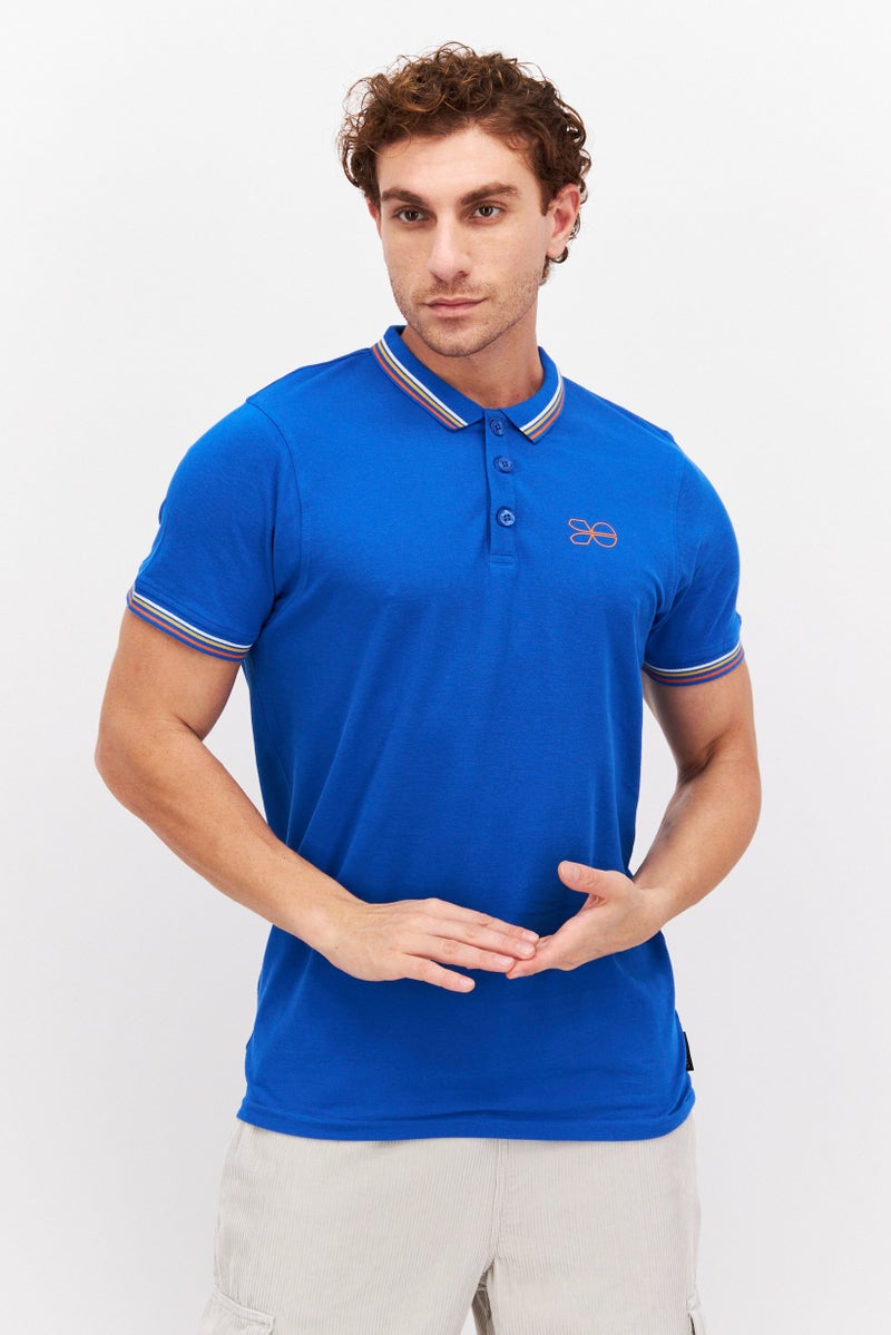 CROSSHATCH Men Regular Fit Short Sleeve Brand Logo Polo Shirt, Blue - Image 1