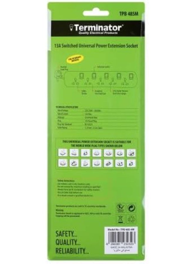 ترمينيتور Terminator 5-way universal power extension socket with individual switches, LED indicators, 1.25mm² 4M cable, and 13A fused moulded plug - Image 1