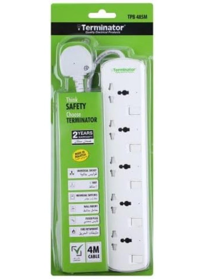 ترمينيتور Terminator 5-way universal power extension socket with individual switches, LED indicators, 1.25mm² 4M cable, and 13A fused moulded plug - Image 2