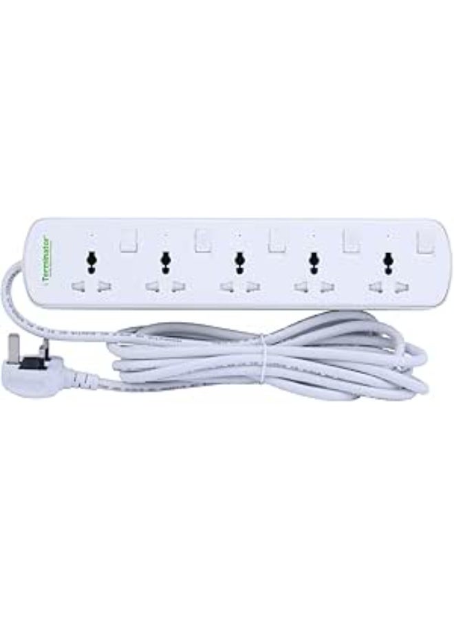 ترمينيتور Terminator 5-way universal power extension socket with individual switches, LED indicators, 1.25mm² 4M cable, and 13A fused moulded plug - Image 1