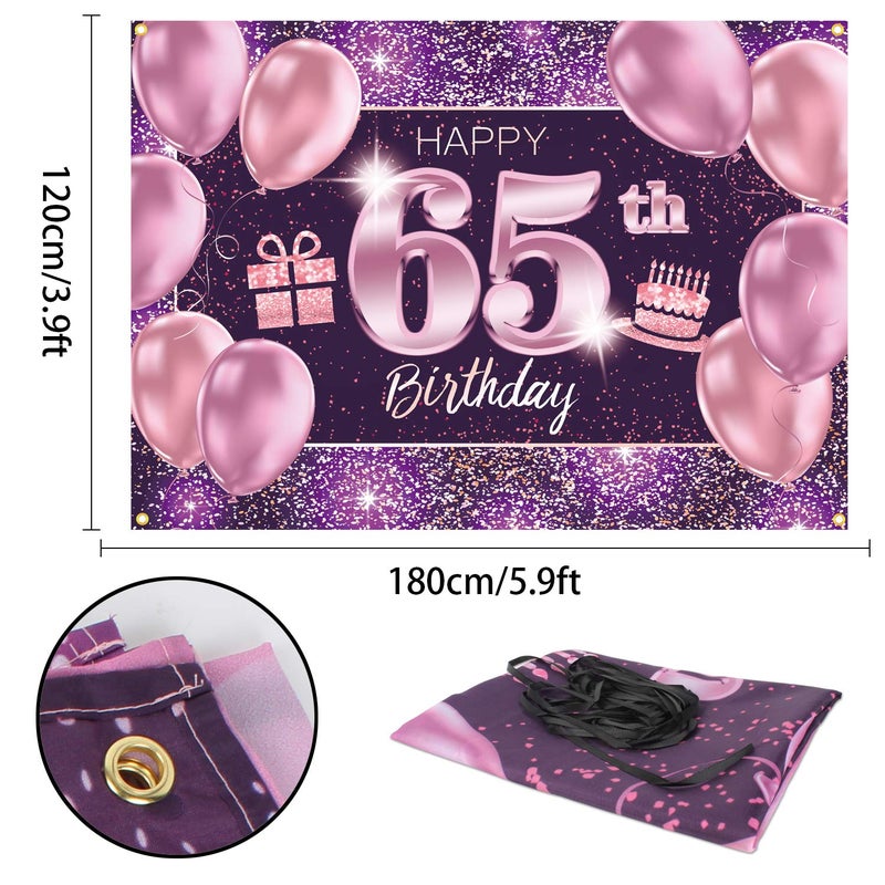 PAKBOOM Happy 65th Birthday Banner Backdrop - 65 Birthday Party Decorations Supplies for Women - Pink Purple Gold 4 x 6ft - Image 1