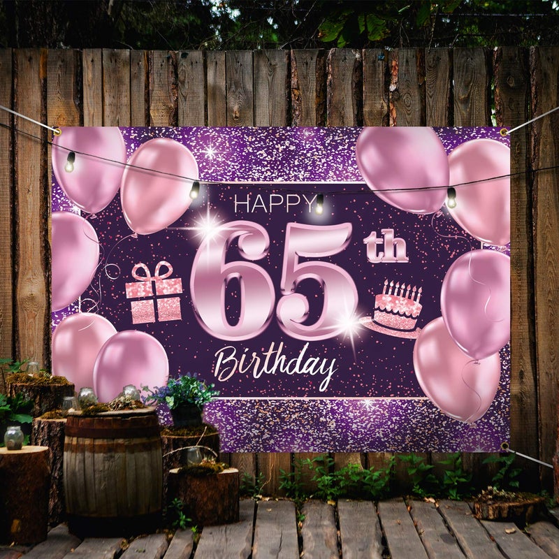 PAKBOOM Happy 65th Birthday Banner Backdrop - 65 Birthday Party Decorations Supplies for Women - Pink Purple Gold 4 x 6ft - Image 4
