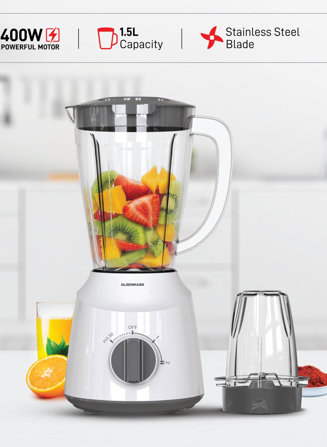 2 in 1 Blender with 2 Speed Setting and Pulse, Transparent and Unbreakable Plastic Jars with Stainless Steel Blade, Grinder Attachment 400 W OMSB2055N White