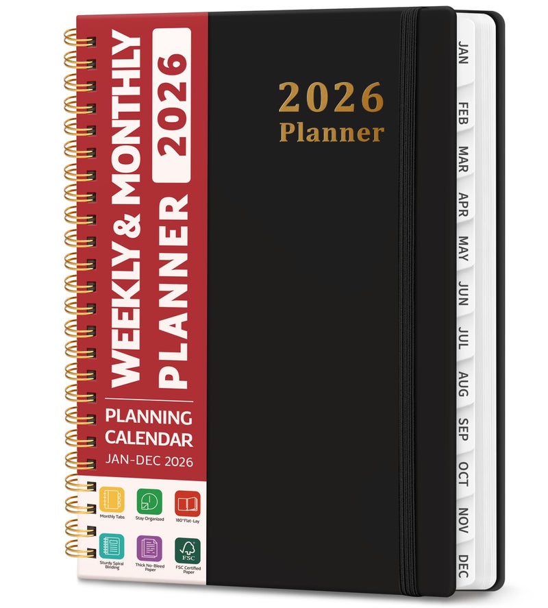 Taja 2026 Planner, Weekly and Monthly Calendar Planner, January 2026 - December 2026, Hardcover 2026 Calendar Book with Tabs For Women & Men, Inner Pocket, Spiral Bound, Perfect for Office Home School Supplies - A5 (6.3" x 8.5"), Black - Image 1