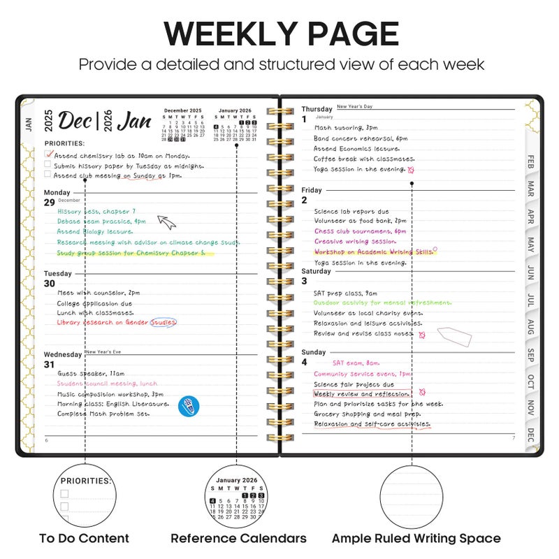 Taja 2026 Planner, Weekly and Monthly Calendar Planner, January 2026 - December 2026, Hardcover 2026 Calendar Book with Tabs For Women & Men, Inner Pocket, Spiral Bound, Perfect for Office Home School Supplies - A5 (6.3" x 8.5"), Black - Image 3