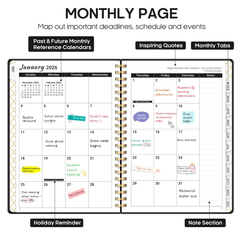 Taja 2026 Planner, Weekly and Monthly Calendar Planner, January 2026 - December 2026, Hardcover 2026 Calendar Book with Tabs For Women & Men, Inner Pocket, Spiral Bound, Perfect for Office Home School Supplies - A5 (6.3" x 8.5"), Black - Image 2