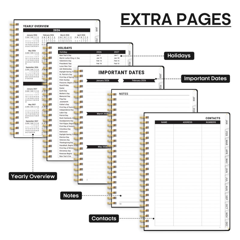 Taja 2026 Planner, Weekly and Monthly Calendar Planner, January 2026 - December 2026, Hardcover 2026 Calendar Book with Tabs For Women & Men, Inner Pocket, Spiral Bound, Perfect for Office Home School Supplies - A5 (6.3" x 8.5"), Black - Image 5