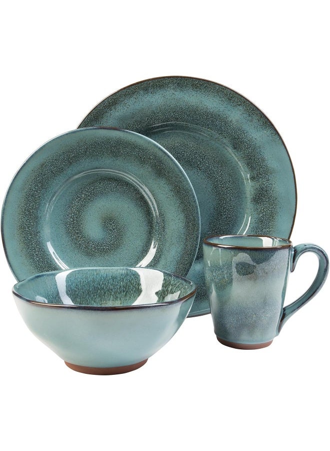 Sango Toren 16Piece Casual Denim Stoneware Dinnerware Set Service for 4 Featuring Stunning Blue Reactive Glaze for Everyday Dining Entertainment Microwave Dishwasher Safe - Image 1