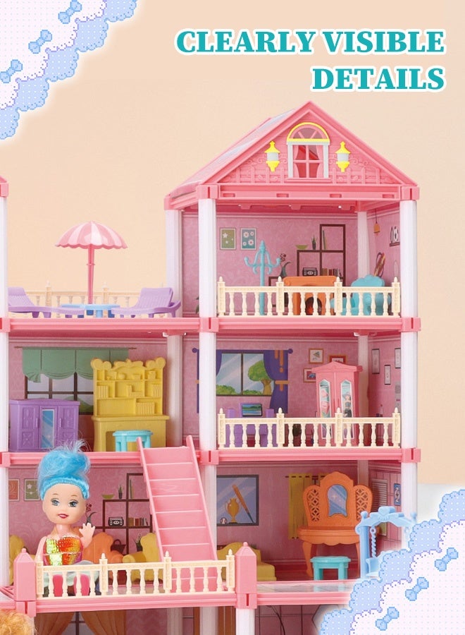 جودي بلاي مجموعة لعب بيت الدمية الضخم المكون من 3 طوابق مع 8 غرف، 3 دمى مع مطبخ وغرفة نوم وأثاث وحديقة وحيوانات أليفة، بيت الدمية التظاهري DIY للفتيات. - Image 1
