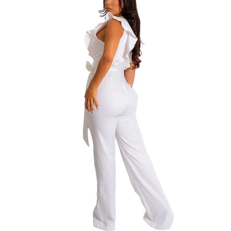 HBQ Womens Casual One Piece Jumpsuits Deep V-Neck Sleeveless Ruffle Elegant Romper Wide Leg Pant Sexy Party Clubwear Overalls-White-XXL - Image 4