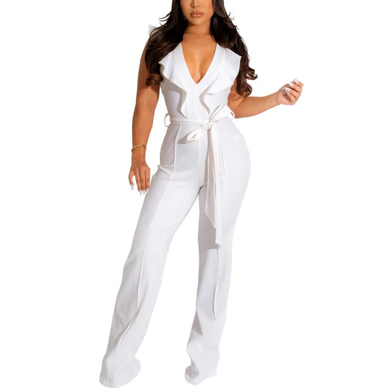 HBQ Womens Casual One Piece Jumpsuits Deep V-Neck Sleeveless Ruffle Elegant Romper Wide Leg Pant Sexy Party Clubwear Overalls-White-XXL - Image 3