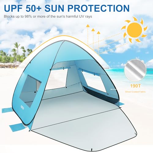 TOBTOS UPF 50+ Easy Pop Up Beach Tent 3-4 Person Sun Shelter Instant Automatic Beach Shade, Portable Sunshade with Extendable Floor (Blue) - Image 4