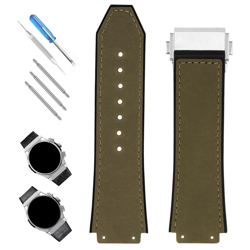 XIW Compatible for 19mm 25mm 22mm Hublot Big Bang Leather Frosted Watch Band With Stainless Steel Buckle Replacement for men Silicone Wirstband Strap women Bracelet Army Green - Image 2
