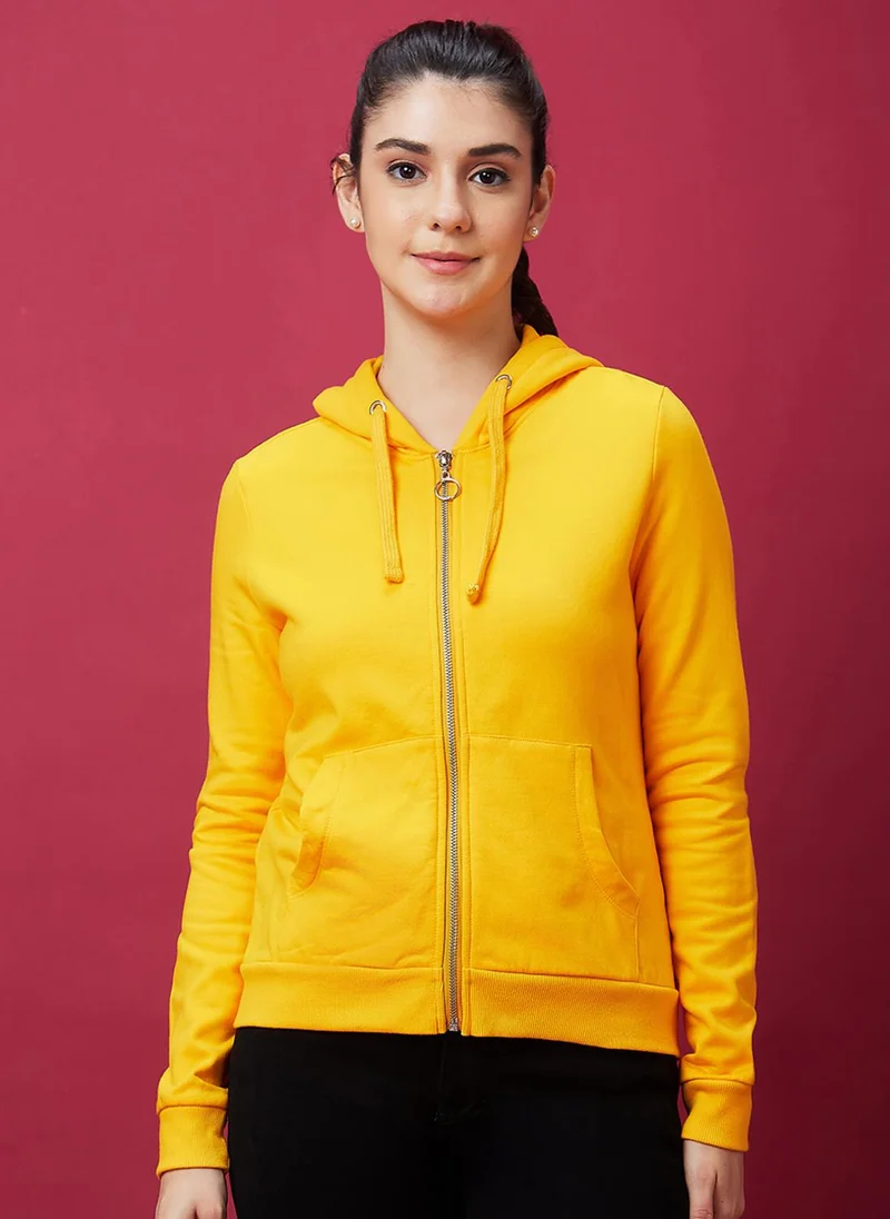 globus Globus Women Yellow Hooded Front-Open Sweatshirt