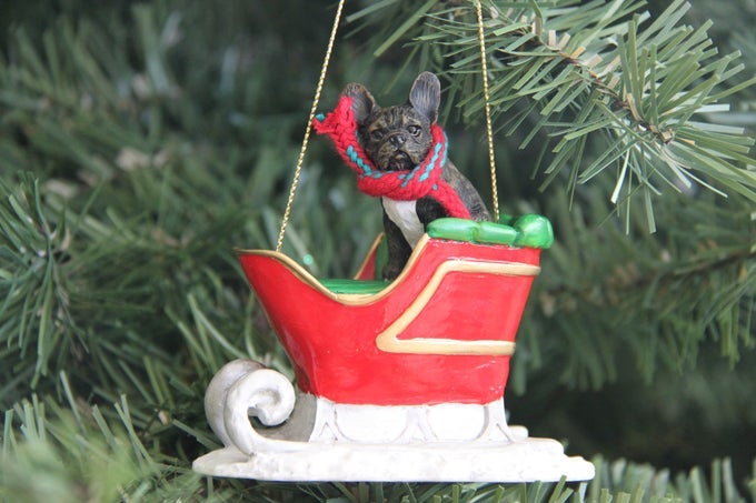 FRENCH BULLDOG SLEIGH RIDE CHRISTMAS ORNAMENT RED DELIGHTFUL