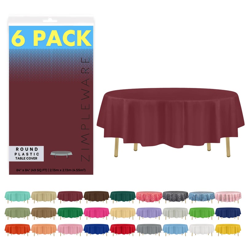 ZIMPLEWARE Premium Burgundy Plastic Table Cloth Disposable 6 Pack Round Tablecloth 84in Party Table Cloths Disposable Perfect Table Cloth Round Cover for Any Table Up to 6 Feet
