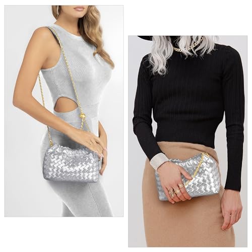 Joryin Woven Women's Crossbody Bag & Evening Purse, Trendy Dumpling Clutch & Hobo Cloud Shoulder Bag Trendy Dumpling Clutch Vegan Leather, Silver - Image 3