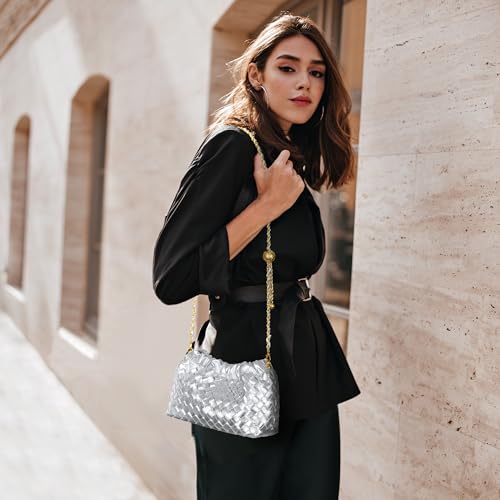 Joryin Woven Women's Crossbody Bag & Evening Purse, Trendy Dumpling Clutch & Hobo Cloud Shoulder Bag Trendy Dumpling Clutch Vegan Leather, Silver - Image 2