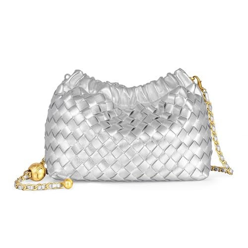 Joryin Woven Women's Crossbody Bag & Evening Purse, Trendy Dumpling Clutch & Hobo Cloud Shoulder Bag Trendy Dumpling Clutch Vegan Leather, Silver - Image 1