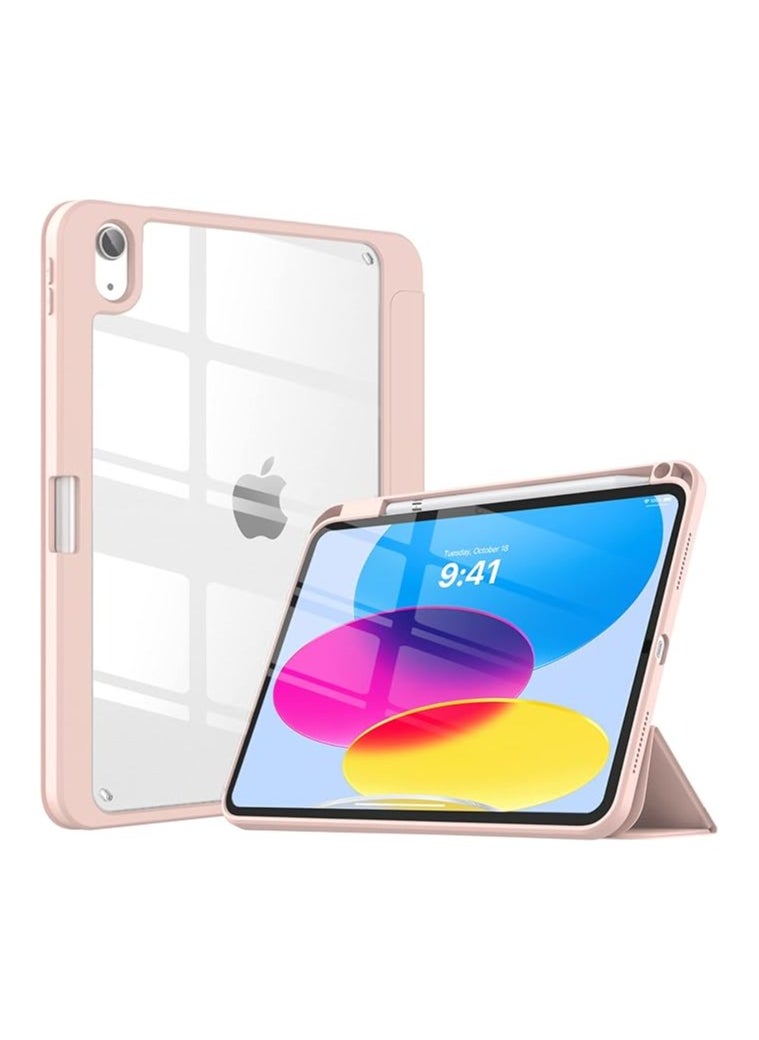 Case Compatible with iPad 10th Generation 2022 10.9 Inch with Pencil Holder, Slim Protective Cover with Clear Back Shell for iPad 10th Gen A2696 A2757 A2777, Auto Wake/Sleep, Rose Pink