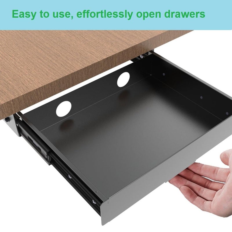 Mofangtech Under Desk Mounted Slide out Drawer, W 13.4" x D 9.3" Storage Organizer with Cable Managementï¼ŒPull Out Add-On Storage for Office & Standing Desks with High Crossbar, Metal, Black (Medium) - Image 5