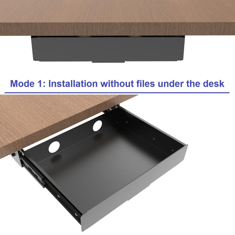 Mofangtech Under Desk Mounted Slide out Drawer, W 13.4" x D 9.3" Storage Organizer with Cable Managementï¼ŒPull Out Add-On Storage for Office & Standing Desks with High Crossbar, Metal, Black (Medium) - Image 2