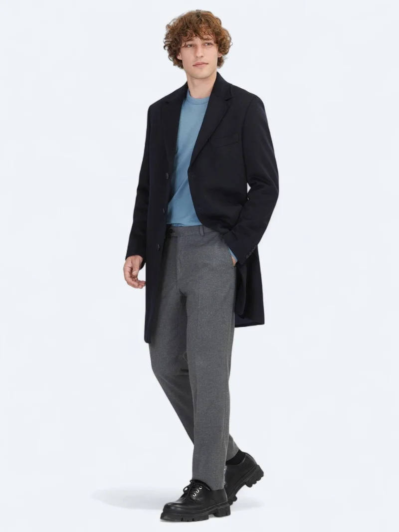 Kip Navy Blue Regular Fit Butterfly Collar Classical Weaving Overcoat