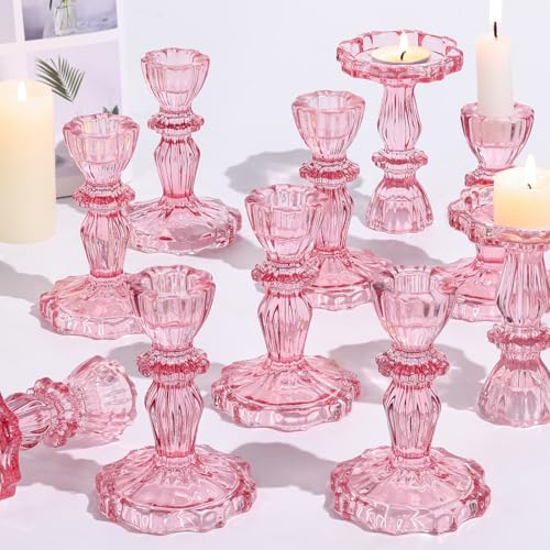 Simeitol 12pcs Taper Candle Holders, Candlestick Holders, Glass Candle Holder - Vintage Flower Design Candle Holders for Wedding, Baby Shower & Mother's Day Decorations (Pink) - Image 1