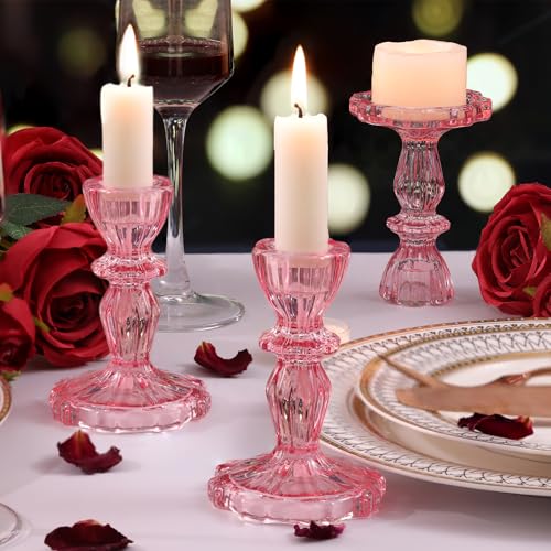 Simeitol 12pcs Taper Candle Holders, Candlestick Holders, Glass Candle Holder - Vintage Flower Design Candle Holders for Wedding, Baby Shower & Mother's Day Decorations (Pink) - Image 4
