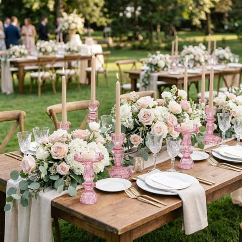 Simeitol 12pcs Taper Candle Holders, Candlestick Holders, Glass Candle Holder - Vintage Flower Design Candle Holders for Wedding, Baby Shower & Mother's Day Decorations (Pink) - Image 2